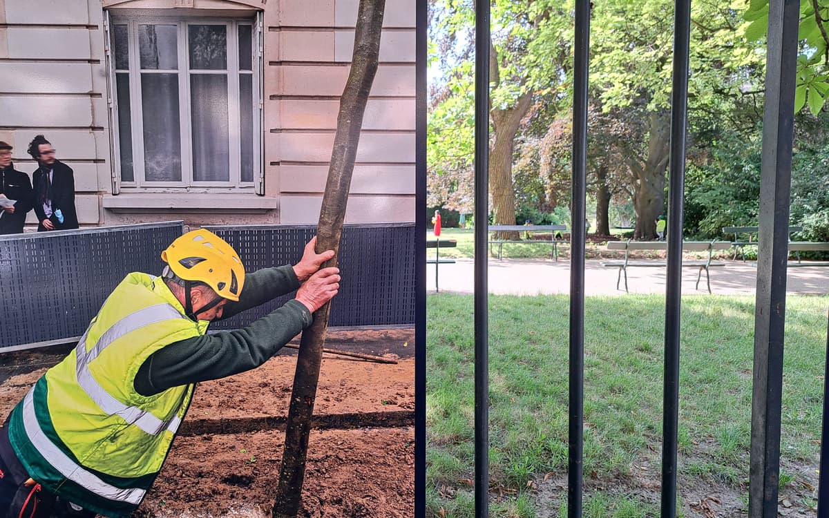 Une photo de lexposition accrochée sur les grilles du parc des Buttes Chaumont
