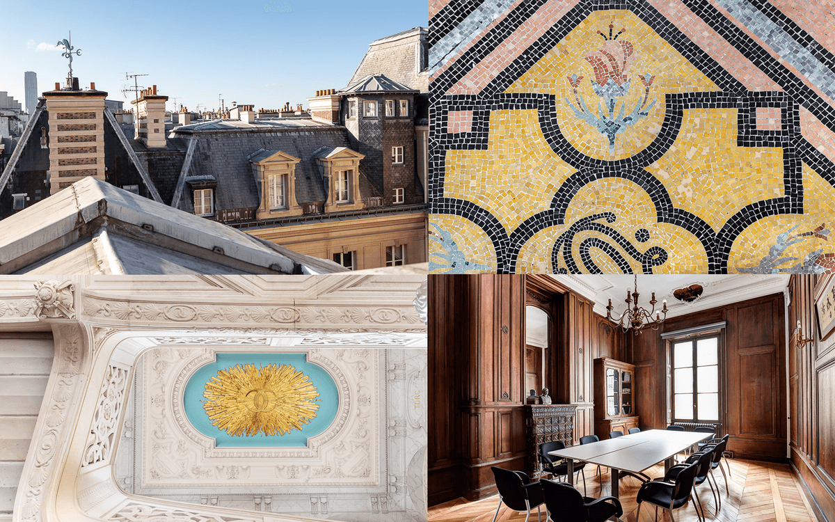 De gauche à droite : le toit de la Maison de la recherche avec vue sur la girouette ; les mosaïques au sol du couloir de l'entrée ; le plafond orné de l'escalier d'honneur ; l’ancienne salle à manger