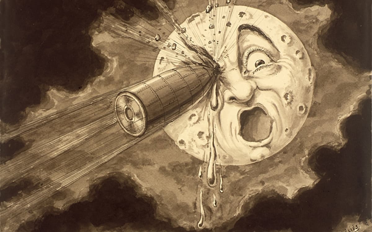 Dessin de Georges Méliès pour "Le voyage dans la lune", 9e tableau : "En plein dans l'œil", 1902.