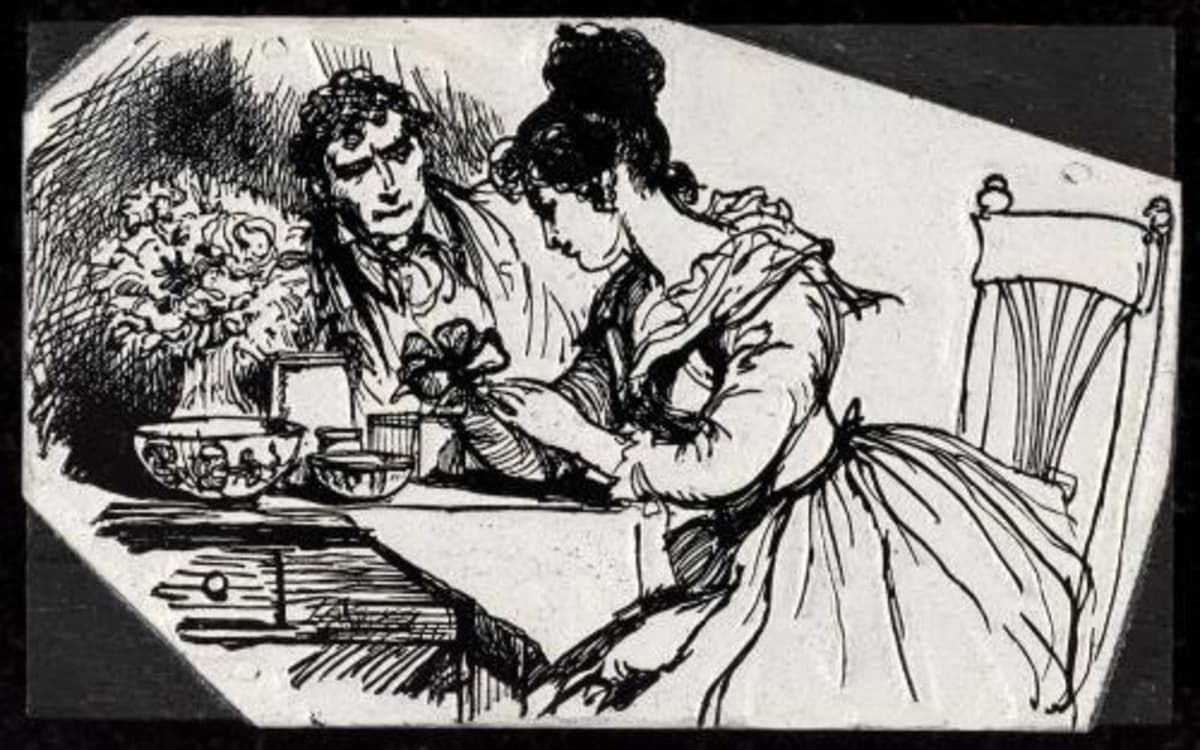 Honorine est assise à la table en bois recouverte d'une nappe sur laquelle elle réalise des bouquets de fleurs artificielles. En face d'elle sur la table se trouvent un bouquet et divers bols et outils nécessaires à son travail.