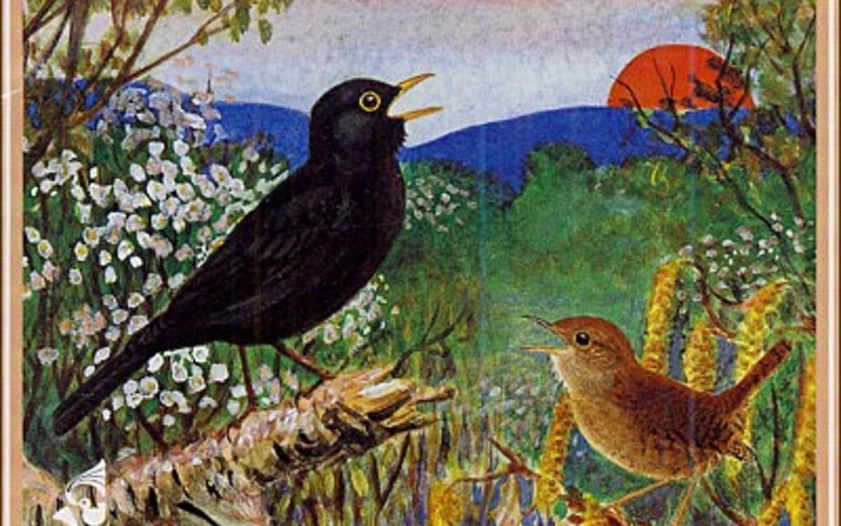 peinture oiseau noir sur une branche, paysage coloré vert et bleu