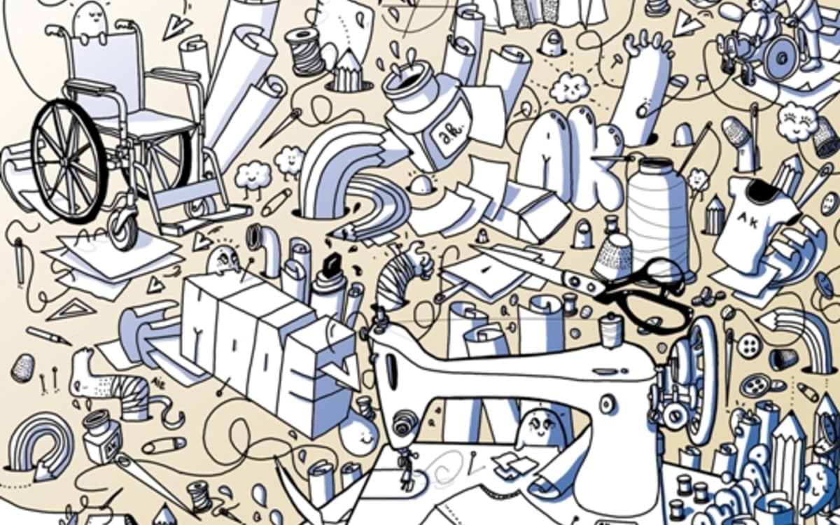 Illustration représentant des outils de couture et de création (machine à coudre, ciseaux, fils, tissus) entourant des personnages en fauteuil roulant, symbolisant la rencontre entre créativité artistique et accessibilité.