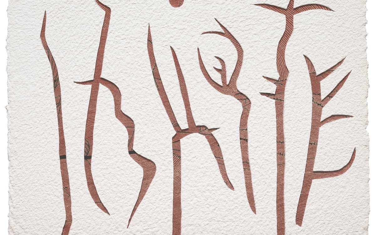 Œuvre de GW Bot, Corroboree Glyphs, 2026, Colombe paper cutout with linocut on Magnani paper,  56 x 74cm